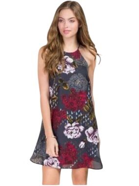 Everly for FRANCESCA'S Floral Halter Trapeze Mini Dress in Charcoal, Burgundy
